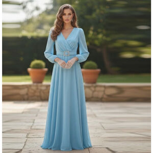 NWT Miss Ord Light Blue Maxi Dress V-Neck Long Sleeve Buckle Size - S